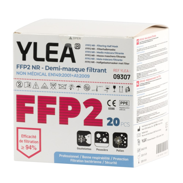 Masques FFP2 YLEA FILTRATION>95% conformes à la norme EN 149:2001+A1:2009 - Boite de 20