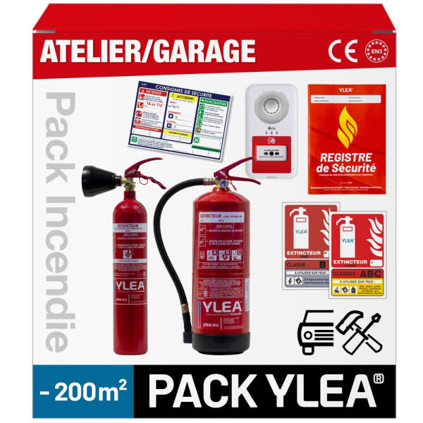 Kit Extincteur Garage ou Atelier Moins de 200m² avec Alarme Type 4